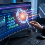 Person uses a magnifying glass on a computer screen displaying SEO-related terms and a rising graph in a modern office setting.