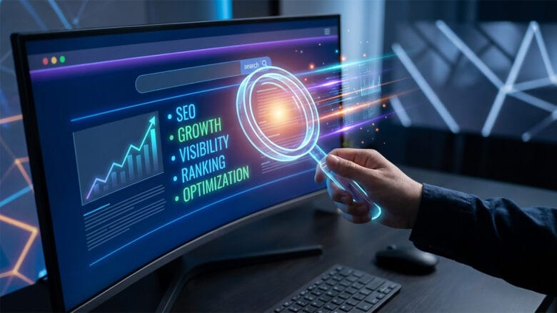 Person uses a magnifying glass on a computer screen displaying SEO-related terms and a rising graph in a modern office setting.