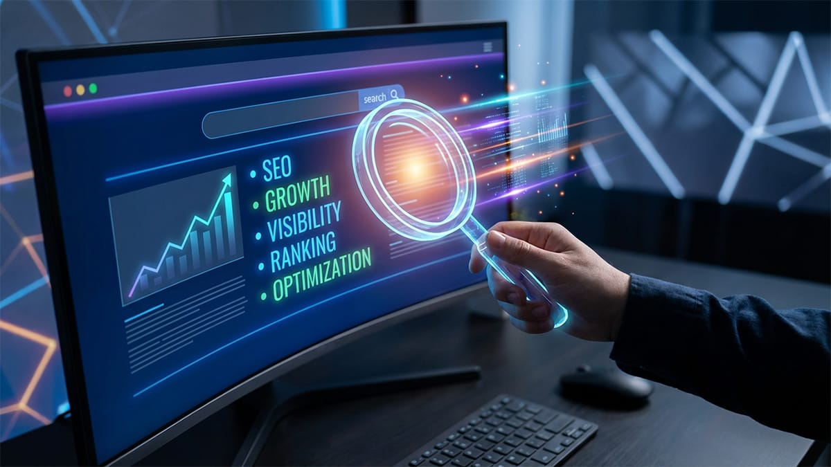 Person uses a magnifying glass on a computer screen displaying SEO-related terms and a rising graph in a modern office setting.