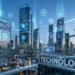 Futuristic cityscape with tall buildings, digital circuit overlays, and “TECHNOLOGY” sign, symbolizing advanced artificial intelligence.
