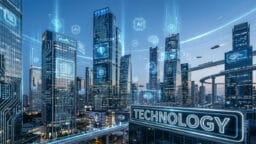 Futuristic cityscape with tall buildings, digital circuit overlays, and “TECHNOLOGY” sign, symbolizing advanced artificial intelligence.
