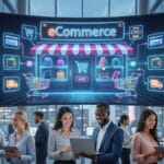 A group of professionals using digital devices stands in front of a large screen displaying eCommerce icons and graphics in an office.