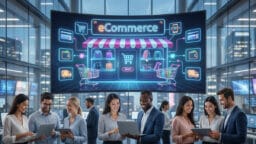 A group of professionals using digital devices stands in front of a large screen displaying eCommerce icons and graphics in an office.