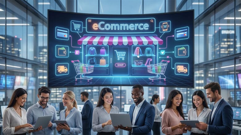 A group of professionals using digital devices stands in front of a large screen displaying eCommerce icons and graphics in an office.