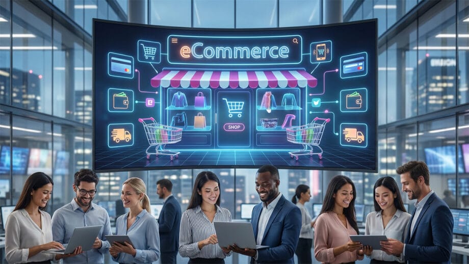 A group of professionals using digital devices stands in front of a large screen displaying eCommerce icons and graphics in an office.