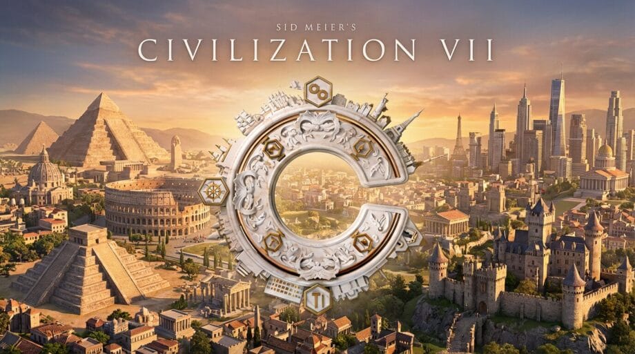 A large ornate C with ancient and modern buildings in the background, and text reading Sid Meiers Civilization VII.