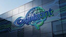 Cognizant logo with a stylized brain design on the exterior of a modern glass building.