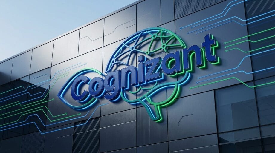 Cognizant logo with a stylized brain design on the exterior of a modern glass building.