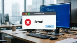 A computer monitor displays an error message with a red X and the word Error in an office setting.