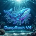 A digital whale with circuitry patterns swims above DeepSeek V4 text in an underwater scene with coral and fish.