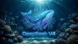 A digital whale with circuitry patterns swims above DeepSeek V4 text in an underwater scene with coral and fish.