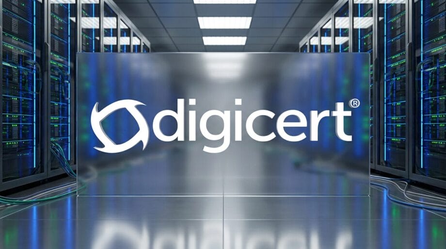 A glass panel with the Digicert logo stands in a modern server room with rows of server racks and bright overhead lights.