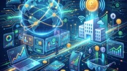 Digital illustration of financial technology concepts, with graphs, devices, a globe, and currency symbols representing global fintech.