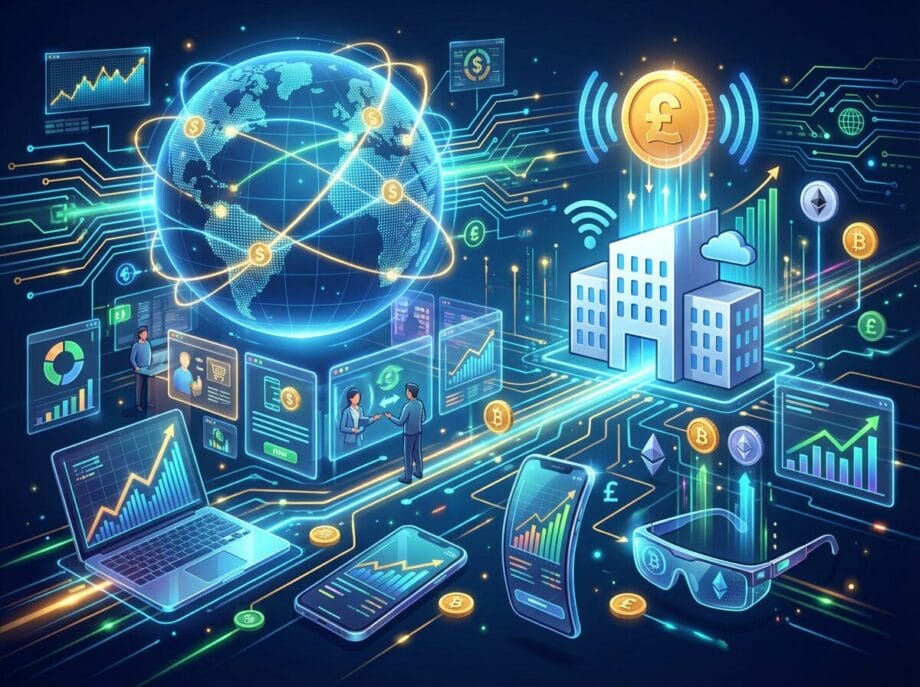 Digital illustration of financial technology concepts, with graphs, devices, a globe, and currency symbols representing global fintech.