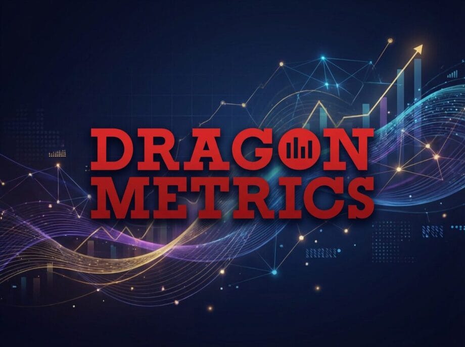 The text Dragon Metrics in bold red letters is overlaid on a digital background with graphs and data visualizations.