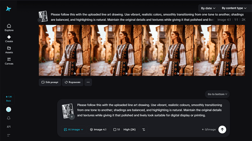 Side-by-side comparison of three edited images of a woman in traditional clothing standing in an old street, shown on Dreamina AI image editor.