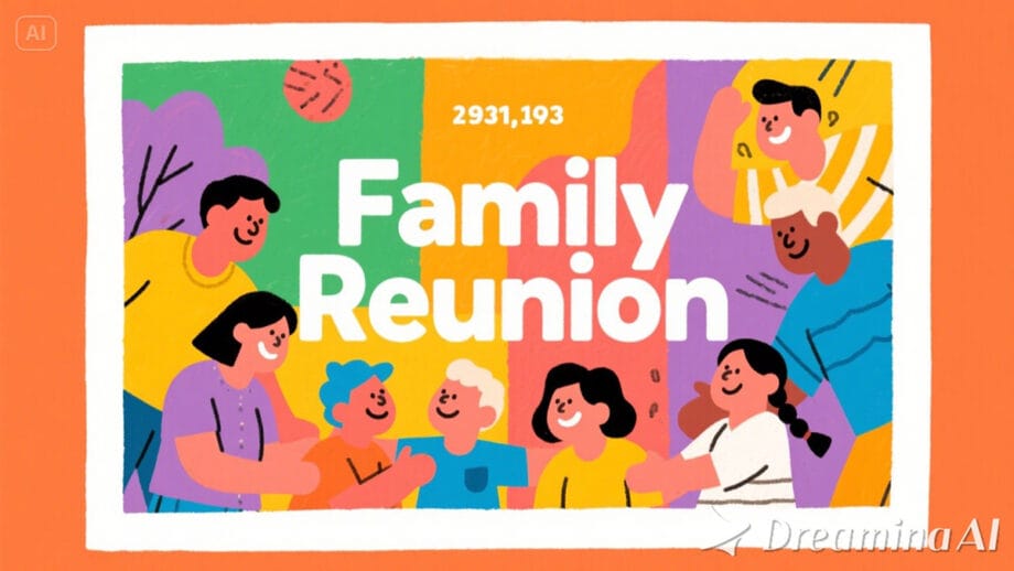 Illustration of diverse people smiling together around the text Family Reunion with the number 2931,193 on a colorful background.