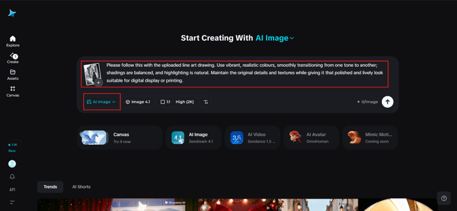Dreamina AI image editor interface shows AI image generation instructions highlighted in a red box, with navigation options on the left and image tools displayed.