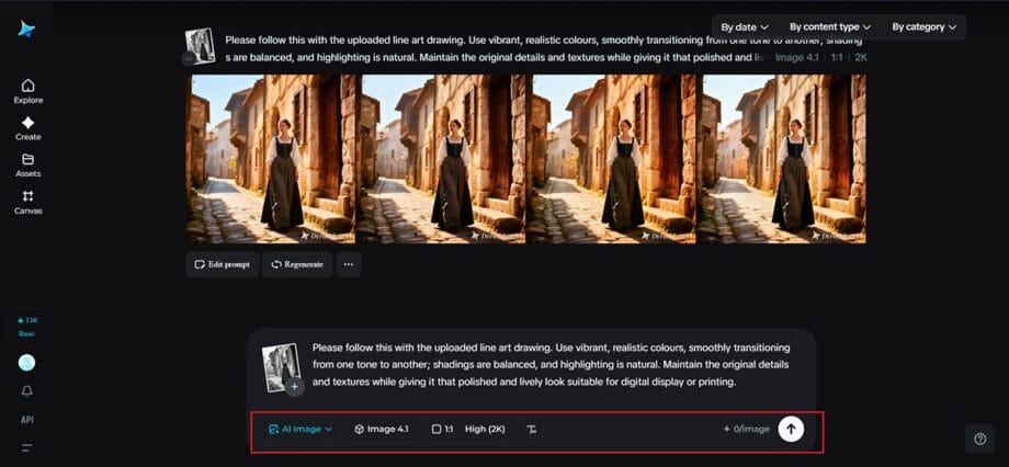 Screenshot of Dreamina AI image editor platform showing an image editing interface with three versions of a street scene artwork and editing options below.