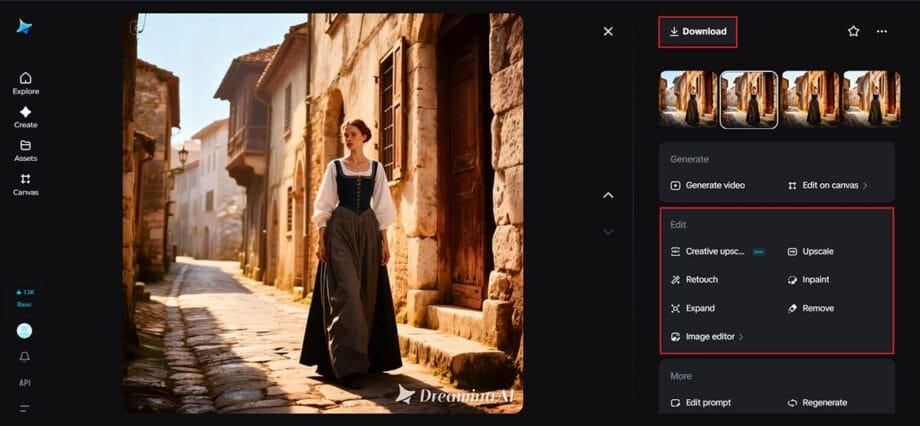 A woman in historical clothing walks on a cobblestone street; editing options and a “Download” button are shown on the right side of the screen.