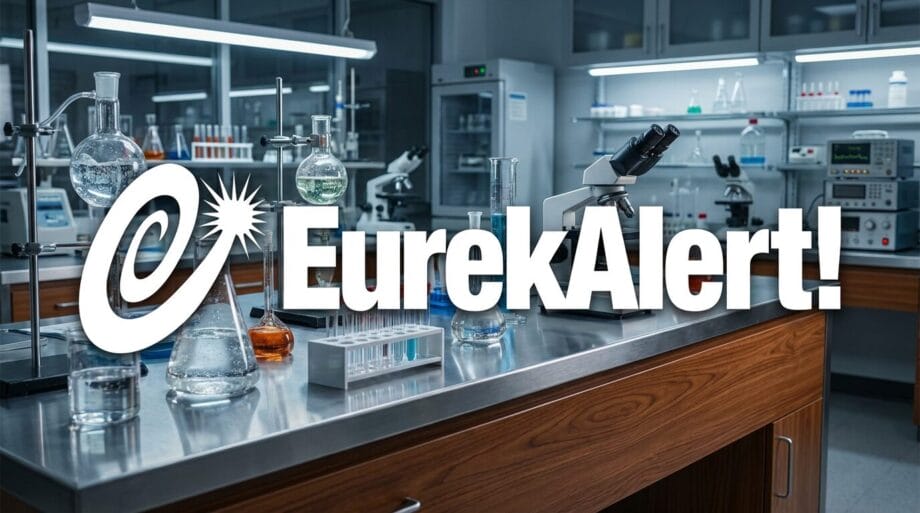 A laboratory with glassware, test tubes, and a microscope on benches, overlaid with the EurekAlert logo.