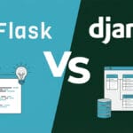 Illustration comparing Flask vs Django frameworks, showing icons of code, ideas, databases, and web interfaces on a split background.