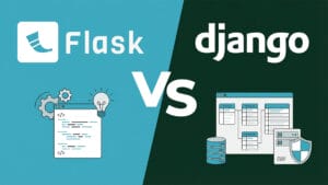Illustration comparing Flask vs Django frameworks, showing icons of code, ideas, databases, and web interfaces on a split background.