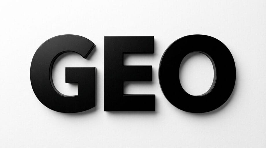 Black 3D letters spelling GEO on a white background.