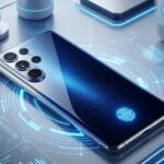 A sleek smartphone with multiple rear cameras and a fingerprint icon on its screen, lying on a futuristic digital interface.