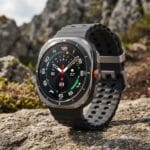 A rugged smartwatch with a black band and colorful dial is displayed outdoors on a rocky surface with mountains in the background.