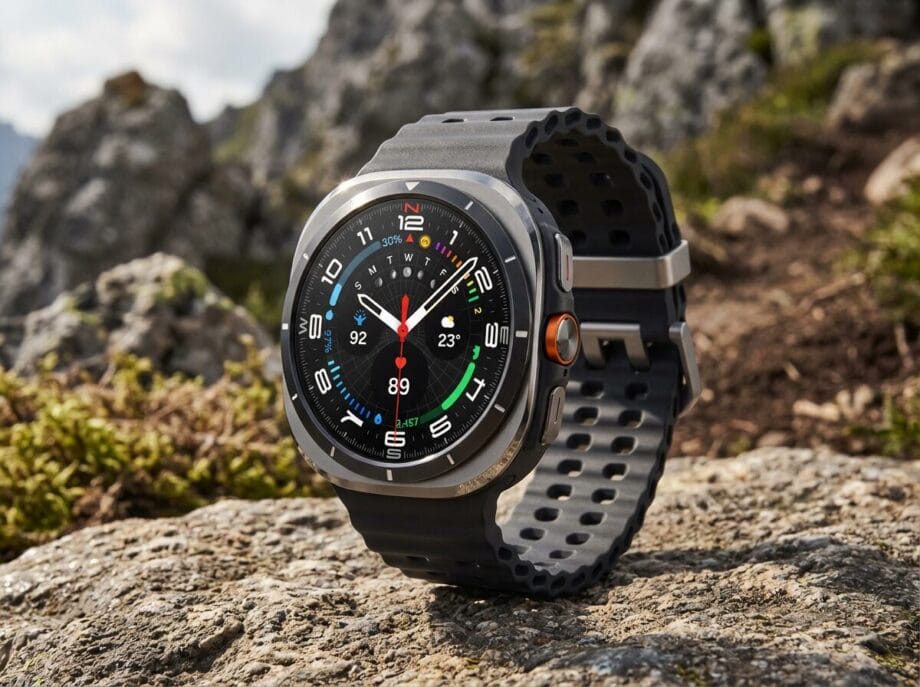 A rugged smartwatch with a black band and colorful dial is displayed outdoors on a rocky surface with mountains in the background.