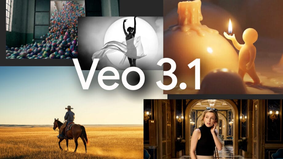 Collage of diverse scenes, including a dancer, cowboy, melting candle figure, ball-filled room, and woman in an ornate hallway, labeled Veo 3.1.