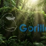 A moss-covered rock in a sunlit jungle displays a stylized gorilla face and the word Gorilla in blue text.