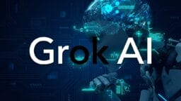 A digital illustration of a robot with a visible brain and circuitry, overlaid with the text Grok AI in large font.