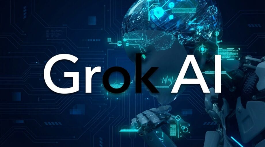 A digital illustration of a robot with a visible brain and circuitry, overlaid with the text Grok AI in large font.