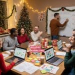 Group of people in a festive office discuss holiday marketing around a table with laptops and papers, with a decorated Christmas tree and lights.
