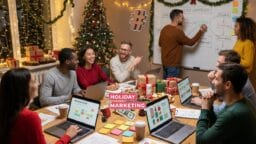 Group of people in a festive office discuss holiday marketing around a table with laptops and papers, with a decorated Christmas tree and lights.