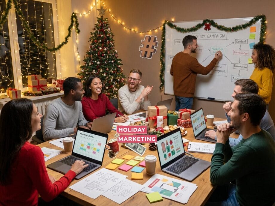 Group of people in a festive office discuss holiday marketing around a table with laptops and papers, with a decorated Christmas tree and lights.
