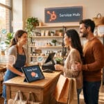 A couple shops at a store counter, engaging with a smiling cashier while digital help desk and customer service elements are displayed.