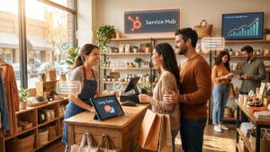 A couple shops at a store counter, engaging with a smiling cashier while digital help desk and customer service elements are displayed.