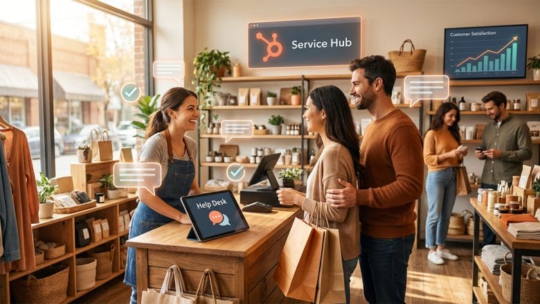 A couple shops at a store counter, engaging with a smiling cashier while digital help desk and customer service elements are displayed.