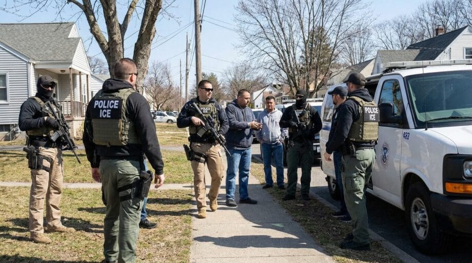 Several armed ICE officers stand near a white van and interact with a few individuals on a residential street during the day.