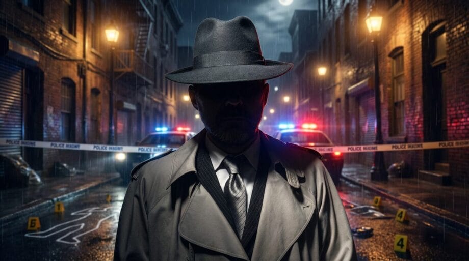 A detective in a trench coat stands in a rainy alley at a crime scene, with police tape, evidence markers, and squad cars in the background.