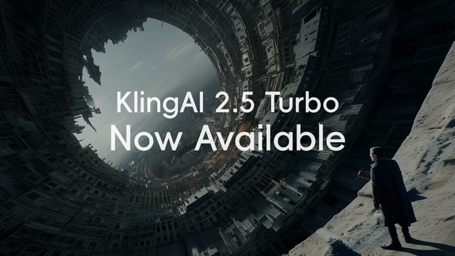 A person stands on a snowy slope, facing a massive circular sci-fi structure, with text: KlingAI 2.5 Turbo Now Available.