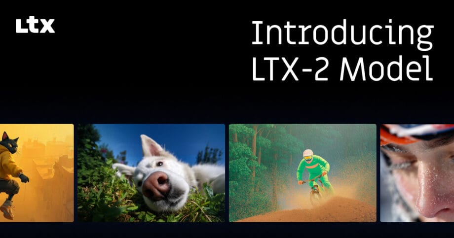 A promotional banner for the LTX-2 Model featuring four images: a humanoid cat, a dog, a cyclist, and a close-up of a face.