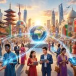 People from diverse backgrounds use digital devices, with a holographic globe and international landmarks in the background.