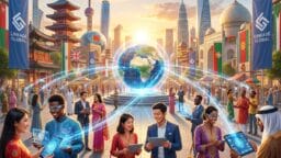 People from diverse backgrounds use digital devices, with a holographic globe and international landmarks in the background.