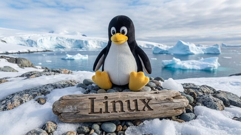 A penguin plush toy sits on rocks near a wooden sign reading Linux, with icebergs and snowy landscape in the background.