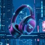 Futuristic headphones with glowing blue accents labeled Moskio AI float in a neon-lit cityscape filled with digital screens and buildings.