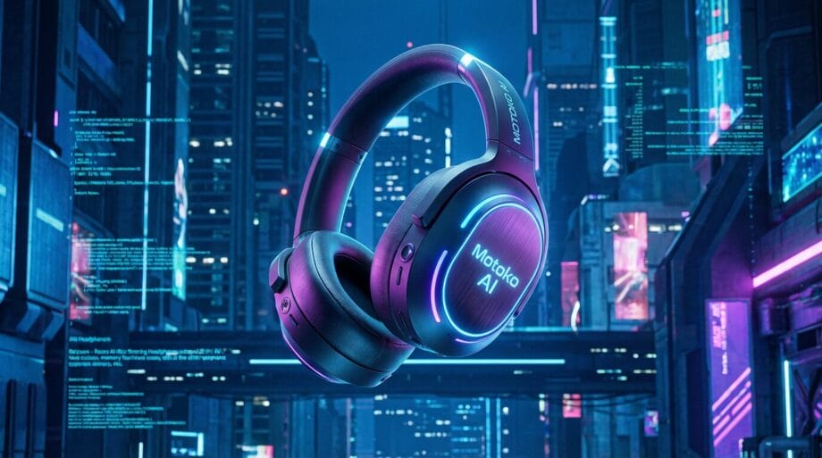 Futuristic headphones with glowing blue accents labeled Moskio AI float in a neon-lit cityscape filled with digital screens and buildings.